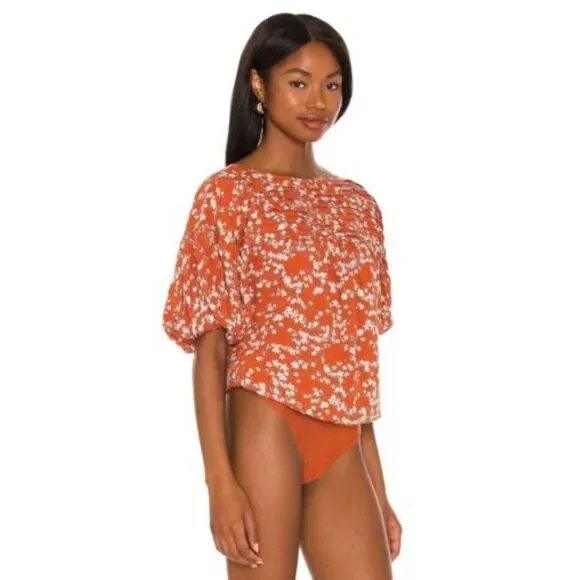 Free People Dessa Bodysuit Orange Floral Puff Sleeves Size XS - Picture 3 of 10
